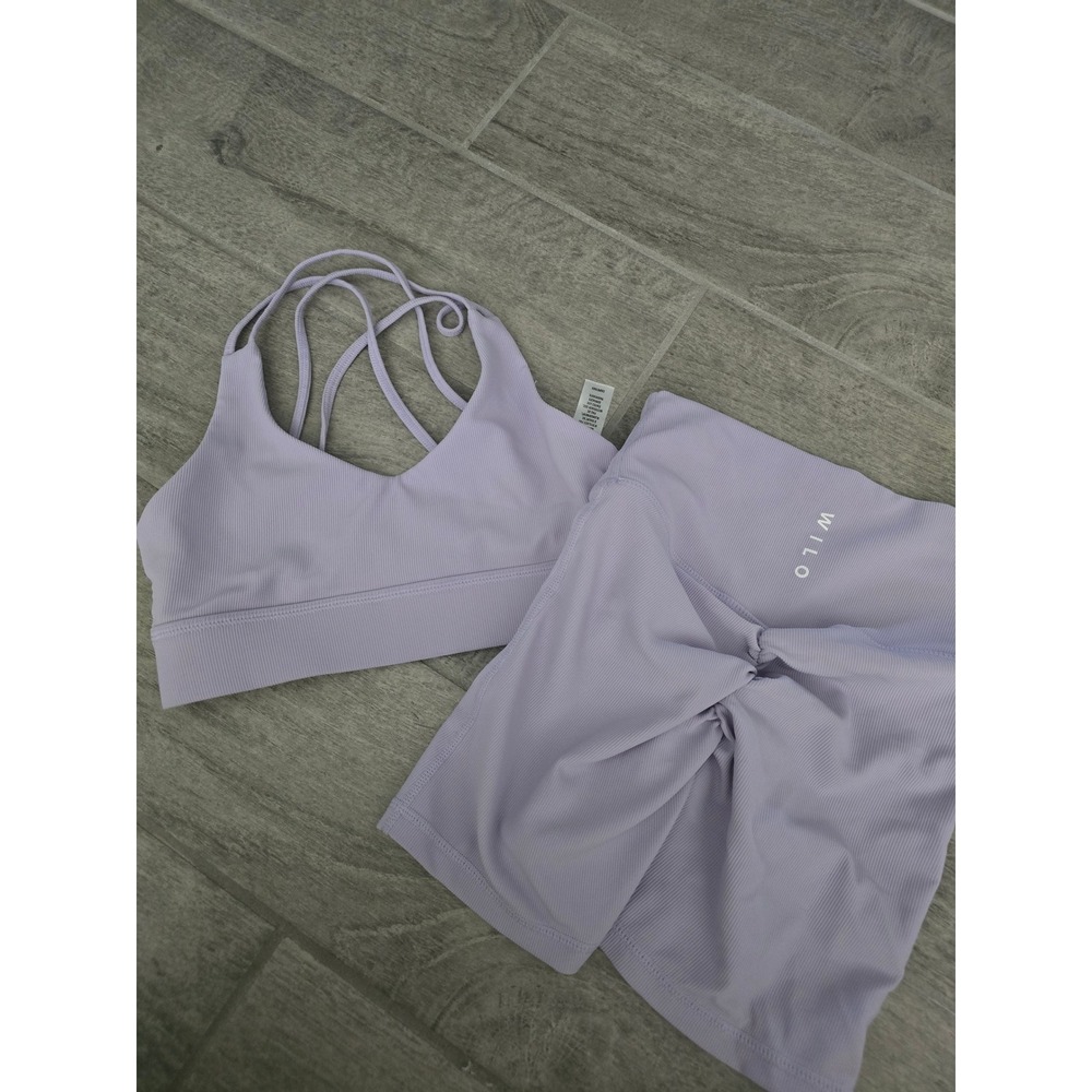 Wilo The Label‎ XS Lilac Ribbed Activewear Set Strappy Bra Scrunch Biker Shorts